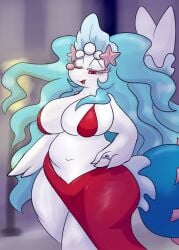 1girls 3_fingers alternate_eye_color anthro anthrofied big_breasts bikini_top blue_eyes breasts chubby chubby_female daphne_dress eyes_half_open female female_only flofluffy1 hair_ornament half-closed_eyes large_breasts long_hair looking_down mouth_open pokémon_(species) pokemon primarina red_eyes revealing_clothes ring sideboob skimpy_clothes solo solo_female starfish_(accessory) starfish_hair_ornament tagme thick thick_legs thick_thighs white_body white_skin wide_hips