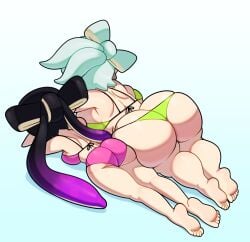 2girls ass ass_cleavage ass_envy ass_focus ass_size_difference ass_to_ass big_ass big_breasts big_butt bikini breast_size_difference breasts bubble_butt butt butt_crack butt_size_difference callie_(splatoon) clothing cousins dat_ass fat_ass female female_only huge_ass huge_breasts huge_butt inkling large_ass large_breasts lying lying_on_stomach marie_(splatoon) size_difference somescrub splatoon squid_sisters swimsuit thick_thighs wide_hips