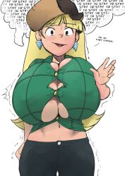 artist_request big_breasts blonde_hair breast_expansion diamond_earrings disney disney_channel disney_xd expansion girl gravity_falls jeans nervous pacifica_northwest smooth_skin text ushanka white_female