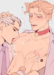 2boys areola areolae bell_collar blonde blonde_eyebrows blonde_eyelashes blonde_hair blonde_hair_male blushing cat_ears collar crying crying_with_eyes_open diamond_is_unbreakable dress_shirt drinking_milk erect_nipples eyelashes eyes_closed gay gray_hair half-closed_eyes hard_nipples jojo's_bizarre_adventure ko_susumu_inusawa kosaku_kawajiri lactating lactation lactation_without_expressing licking_male_nipple male male/male male_lactation male_nipples male_only milk milk_squirt milking nipple_jewelry nipple_piercing nipples open_shirt shirt_open tie yaoi yoshikage_kira