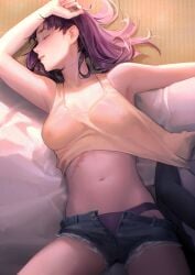 armpit armpits belly belly_button big_breasts blush breasts clothing drunk exposed limart milf misato_katsuragi neon_genesis_evangelion nipples_visible_through_clothing no_bra panties panties_under_shorts pen_pen penguin purple_hair revealing_clothes scar see-through_clothing shorts sleeping thick tummy vulnerable