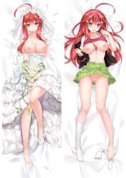 ass_visible_through_thighs bangs bed_sheet black_jacket blue_eyes blush bouquet breasts bridal_veil clothes_lift clothes_pull collarbone dakimakura_(medium) dakimakura_design dress dress_pull female flower from_above full_body gloves go-toubun_no_hanayome green_skirt hair_between_eyes hair_flower hair_ornament head_wreath high_heels holding jacket jewelry large_breasts long_hair looking_at_viewer lying miniskirt moeanime nakano_itsuki nipples no_panties on_back open_clothes open_jacket open_mouth pleated_skirt pumps pussy red_hair red_sweater ring school_uniform shiny shiny_hair shiny_skin shirt short_sleeves skirt skirt_lift socks solo split_screen star_(symbol) star_hair_ornament sweater sweater_lift sweater_vest uncensored veil very_long_hair wavy_mouth wedding_dress wedding_ring white_dress white_flower white_footwear white_gloves white_legwear white_shirt