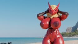 . 3d abs anthro areola athletic beach big_areola big_breasts blaziken blender_(software) blue_eyes breasts dr4ch3n female genitals hands_behind_head hi_res looking_at_viewer muscular_female nintendo nipples pokemon pokemon_(species) pussy seaside solo thick_thighs video_games wet