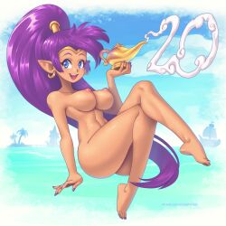 1girls anniversary ass blue_eyes breasts female female_only looking_at_viewer magic_lamp nude open-mouth_smile purple_hair purple_nails shantae shantae_(character) smooth_skin solo supersatanson