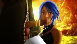 1boy 1girls aqua_(kingdom_hearts) black_coat blowjob blue_hair cum cumshot ejaculation erection female human kingdom_hearts male manual oral outerwear penis ratounador testicles xnalara