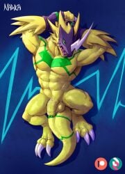 abs anthro armor balls bandai_namco bulkmon digimon digimon_(species) flaccid foreskin genitals headgear helmet hi_res male monster muscular muscular_anthro muscular_male nawka nude pecs penis scalie solo yellow_body