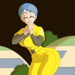 big_ass blue_hair bottledneon bulma_briefs dragon_ball dragon_ball_super dragon_ball_super_super_hero fanart jumpsuit wide_hips