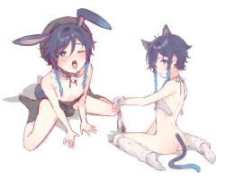 1boy black_hair blue_eyes blue_hair blush bunny_boy bunny_ears bunny_suit cat_boy cat_ears catboy cum cum_in_mouth femboy genshin_impact girly gradient_hair hat heart-shaped_pupils kkopoli lingerie male_focus male_only no_shoes open_mouth solo venti_(genshin_impact) wariza white_background wink yaoi