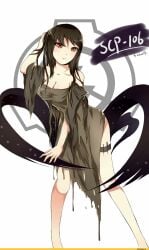 1girls black_hair breast breasts brown_eyes clothing long_hair medium_breasts mitasa rule_63 scp scp-106 scp_foundation simple_background thick_thighs white_background