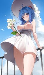 :o absurdres ahoge berserker_r bird blue_hair blue_sky blush bow breasts breasts_out cameltoe clothes_pull cloud covered_navel dress dress_pull female flower frills ganyu_(genshin_impact) genshin_impact goat_horns hand_on_railing hat hat_bow highres holding holding_flower horns large_breasts legs long_hair looking_at_viewer nipples no_nose no_panties open_mouth panties purple_eyes pussy qingxin_flower railing see-through see-through_dress short_dress sidelocks sky solo strap_slip sun_hat thighs underwear white_dress wind wind_lift