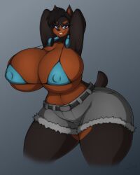 10s 1girls 2019 abstract_background anthro ashley_garnet_(lildredre) bedroom_eyes big_breasts bikini bikini_top black_body black_fur black_hair bottomwear breasts breasts_bigger_than_head brown_body brown_fur canid canine canis cleavage clothed clothing curvaceous curvy curvy_body curvy_female curvy_figure digital_drawing_(artwork) digital_media_(artwork) dobermann domestic_dog eyelashes female female_focus female_only fur furry hair hands_behind_head headphones hi_res hourglass_figure huge_breasts hyper hyper_breasts looking_at_viewer mammal multicolored_body multicolored_fur navel nipple_bulge nipple_outline nipples nipples_visible_through_clothing pinscher purple_eyes seductive short_hair short_tail shorts simple_background skimpy skimpy_clothes small_head smile solo standing superix swimwear thick_thighs topwear two_tone_body two_tone_fur voluptuous wide_hips