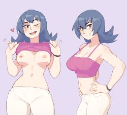 1girls black_hair breasts breasts_out dark_hair dual_persona female flashing heart light-skinned_female light_skin long_hair looking_at_viewer medium_breasts multiple_views nipples no_bra pink_eyes pink_shirt pokemon pose presenting presenting_breasts red_eyes rob_ishi sabrina_(pokemon) sabrina_(pokemon_hgss) shirt_lift shirt_up simple_background solo tank_top white_pants