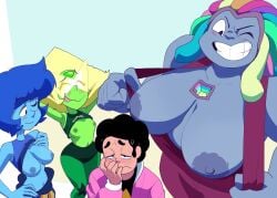 1boy 3girls big_breasts bismuth_(steven_universe) blue_skin blush breasts breasts_out cartoon_network clothing female flashing flashing_breasts flat_chest fusion gem_(species) green_skin huge_breasts inker_comics inkershike lapis_lazuli_(steven_universe) male medium_breasts multicolored_hair nipples one_eye_closed peridot_(steven_universe) small_breasts smile steven_quartz_universe steven_universe tongue tongue_out visor wink