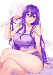 bed big_breasts butterfly_print collarbone doki_doki_literature_club fingernails large_breasts long_hair nail_polish potetos7 purple_eyes purple_hair purple_nails thick_thighs yuri_(doki_doki_literature_club)