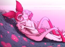 2girls blush blushing boots boots_only cartoon_network female female_only flower gem_(species) gloves gloves_only grass grass_field hand_on_ass hand_on_head kissing multiple_girls namygaga nude nude_female passionate_kiss pink_body pink_hair pink_pearl_(steven_universe) pink_skin small_breasts spinel_(steven_universe) steven_universe sweat twintails watermark yuri