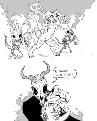 10s 2018 anthro bone duo female flat_chested horn kobold magic_user male male/female necromancer nude pussy scalie simple_background size_difference skeleton skull social_media sorcerushorserus sweat text undead