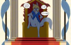 anthro blonde_hair canid canine canis chair claws demanding detailed_background dialogue digitigrade english_text female fluffy fur furniture furry furry_only genitals hair hi_res looking_at_viewer mammal midnighthowlart pussy queen red_eyes royalty solo speech_bubble tail tail_motion tailwag text throne white_body white_fur wolf