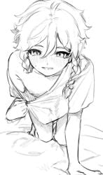 1boy blush genshin_impact grin kkopoli male_only monochrome nipple oversized_shirt pov short_hair_with_long_locks sketch smile solo twin_braids venti_(genshin_impact)