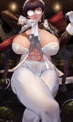 1girls abs big_breasts black_hair black_lagoon bra breasts bullet_hole busty dirt fat_breasts female female_only glasses grenades lace-trimmed_bra large_breasts legs_crossed looking_at_viewer maid maid_uniform march_ab muscular_female pantyhose roberta round_eyewear six_pack solo thick_thighs umbrella wide_hips