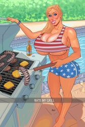 4th_of_july american_flag american_flag_legwear american_flag_shirt ass barbecue bare_legs barefoot big_breasts bimbo blonde_hair blue_eyes breasts bubble_butt bursting_breasts busty cleavage cooking crop_top female female_focus female_only grill hamburger hotpants hourglass_figure huge_breasts large_breasts lipstick long_fingernails long_hair makeup meat meinfischer nail_polish outdoors outside overflow pinup pinup_pose sausage short_shorts skimpy skimpy_clothes skin_tight snapchat tagme tan text underboob wide_hips