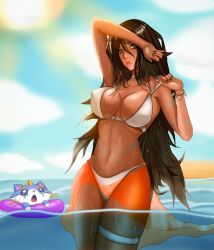 2d 2d_(artwork) big_breasts bikini black_hair dfg hand_over_head heat league_of_legends nidalee orange_eyes orange_eyes_female riot_games sun sunlight tanned_skin tribal_markings tribal_tattoo tribal_tattoos visible_nipples water wet wet_body wet_clothes wet_skin white_bikini yuumi_(lol) yuumi_fuckin_drowning