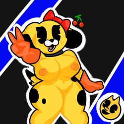 anthrofied big_breasts bow breasts canine cherry chomp-chomp collar domestic_dog female gloves lewdewott ms._pac-man_cosplay namco open_mouth pac-buddy pac-man pac-man_(series) pac-man_eyes peace_sign pogchamp rule_63 spotted_fur