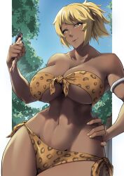 2girls blonde_hair color dark-skinned_female female_only giantess gold_eyes jungle larger_female leopard_print original original_character packge size_difference smaller_female toned_female underboob