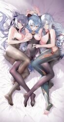 3girls absurdres armpits arms_up bangs bare_shoulders black_bodysuit blue_hair bodysuit braid breasts breasts_out brown_bodysuit clothing_cutout collared_dress cone_hair_bun curled_horns double_bun dress exposed_breasts feet ganyu_(genshin_impact) genshin_impact goat_horns hair_bun hair_ears hair_over_one_eye haku89 highres horns jpeg keqing_(genshin_impact) keqing_(opulent_splendor)_(genshin_impact) large_breasts long_hair medium_breasts multicolored_eyes multiple_girls nipples no_shoes pantyhose purple_dress purple_eyes purple_hair revision shenhe_(genshin_impact) side_cutout soles spread_navel thigh_cutout