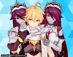 1boy 2girls 3d 3d_(artwork) actuale aether_(genshin_impact) before_sex big_breasts blonde_hair breasts clone collar colored female genshin_impact golden_eyes holding koikatsu long_hair looking_at_partner male mihoyo pink_hair rosaria_(genshin_impact)