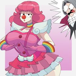 1boy 1girls ace_attorney breasts clown clown_girl clussy female funny geiru_toneido grabbing_own_breast gyakuten_saiban large_breasts long_hair male miles_edgeworth pink_hair saltynoodles