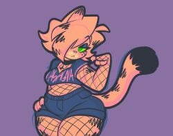 cat_ears cat_tail catgirl choker chubby cross fishnets furry furry_only garfield_(series) gothfield green_eyes green_sclera hair_covering_eye jean_shorts orange_fur orange_hair purple_background text unknown_artist