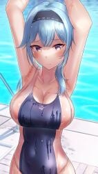 arms_above_head arms_up blue_hair blush breasts eula_(genshin_impact) eyebrows_visible_through_hair female_only genshin_impact highres large_breasts light_skin poolside shirosaba solo_female swimsuit swimwear wet yellow_eyes