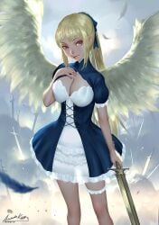 1girls angel_wings ariverkao blonde_hair breasts corset dated dress female female_focus female_only hair_ornament hair_ribbon long_hair looking_at_viewer sword tagme white_dress