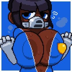 1girls black_hair dark-skinned_female exposed_nipples female_only gigantic_breasts huge_breasts mask masked nipple_bulge nipple_peek nipples nuclear_throne octotron2000 pixel_art rogue_(nuclear_throne) solo sweat sweating wet