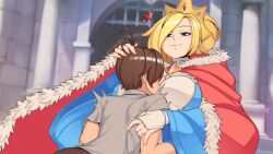 1boy 1girls big_breasts bigger_female blonde_eyebrows blonde_female blonde_hair blue_eyes breasts brown_hair crown deidra_(quest_failed) face_in_breasts frostworks matt_(quest_failed) milf mother queen quest_failed smaller_male