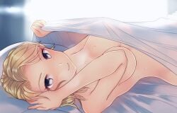 1girls artist_request azur_lane big_breasts blonde_hair blue_eyes blush breasts hand_in_hair hood_(azur_lane) looking_at_viewer nude nude_female on_back on_bed pale-skinned_female pale_skin solo solo_female solo_focus under_covers under_sheets voluptuous