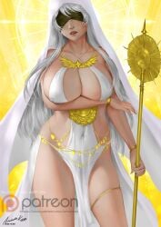 ariverkao big_boobs big_breasts blindfold blindfolded boobs church female gold gold_(metal) gold_jewelry gold_staff hips large_breasts light light-skinned_female light_skin maid navel nier:_automata nier_(series) patreon_username priest priestess saint see-through see-through_clothing silver_hair smile smiling staff white_hair yorha_2b