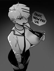 1girls alex_(dabbledraws) annoyed beauty_mark breasts dabble ear_piercing earrings english_text greyscale necklace nipple_piercing nipples opening_shirt pulling_skirt short_hair skirt speech_bubble text tie uniform