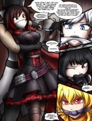 black_hair blake_belladonna blonde_hair bondage english_text faunus female gag gagged group human kidnapped kidnapping magnolia-baillon male masked pale_skin ruby_rose rwby speech_bubble team_rwby text text_bubble tied_up weiss_schnee white_hair yang_xiao_long
