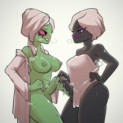 2020 2020s 2futas alien areolae balls bathrobe black_body black_skin breasts clothed clothing competition crossover disney duck_dodgers duo erection flehmen_resp_(hentaicat) futa_on_futa futa_only futanari green_skin handjob humanoid humanoid_penis looking_at_another looney_tunes lord_dominator mostly_nude mutual_masturbation nipples partially_retracted_foreskin penis queen_tyr'ahnee robe standing towel towel_on_head towel_only uncensored uncut wander_over_yonder white_hair