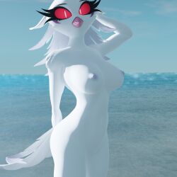 3d 3d_(artwork) absurd_res anthro avian beak bird breasts demon digital_media_(artwork) feathers female fur hair helluva_boss hi_res huge_filesize lewdexpert looking_at_viewer mature_female nipples nude owl solo stella_(helluva_boss) white_body white_fur