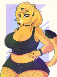 anthro beepsweets belly belly_button black_eyebrows black_shorts choker cleavage ear_piercing eyebrow_piercing fishnets furry garfield_(series) gothfield large_breasts mtf_crossgender orange_breasts orange_fur orange_hair purple_thong ring rule_63