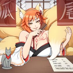 1girls anna_(quest_failed) big_breasts black_text breasts cosplay english_text fake_animal_ears fake_tail frostworks indoors looking_at_viewer nine_tailed_fox orange_hair paper quest_failed table tail text