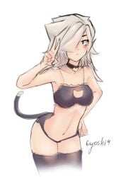 6yoshi9 belly black_bra black_panties black_stockings black_underwear bra brawl_stars cat_tail choker colette_(brawl_stars) loose_hair navel panties stockings stomach tagme tummy underwear white_hair white_hair_female