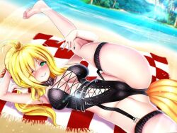 beach beach_towel big_breasts black_clothing blonde_hair collar domania duck_girl flexible green_eyes leather lifting_leg long_hair pussy_outline tail virtual_youtuber vrchat vtuber winking_at_viewer