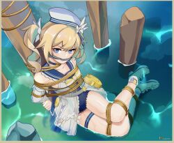 arms_tied_behind_back barbara_(genshin_impact) barbara_(summertime_sparkle)_(genshin_impact) blonde_hair blue_eyes bondage bound_ankles bound_legs cleave_gag gag gagged genshin_impact looking_at_viewer nun partially_submerged sandals sharpffffff