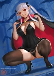 ariverkao bats big_breasts black_dress black_legwear black_panties breasts breasts cloak dress female female_focus female_only female_vampire high_heels highres kneehighs large_breasts legs lingerie looking_at_viewer original original_character original_characters patreon patreon_username red_eyes silver_hair squatting vampire white_hair