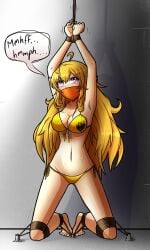 1girls bikini bondage female gag gagged gagged_speech hands_above_head hands_tied light_skin long_hair magnolia-baillon muffled purple_eyes rwby speech_bubble text text_bubble tied_up yang_xiao_long yellow_hair