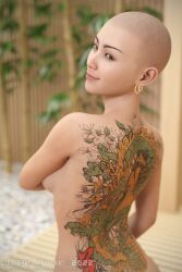 3d asian bald bald_female dissidenthellion female female_only original original_character pinup solo solo_female tattoo