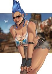 1girls 2d black_nails blizzard_entertainment blue_hair breasts dark-skinned_female earrings female female_focus female_only fingerless_gloves fishnet fit fit_female junker_queen large_breasts looking_at_viewer muscular muscular_female overwatch overwatch_2 piercing red_eyes solo solo_female solo_focus stretchnsin toned toned_female torn_clothes